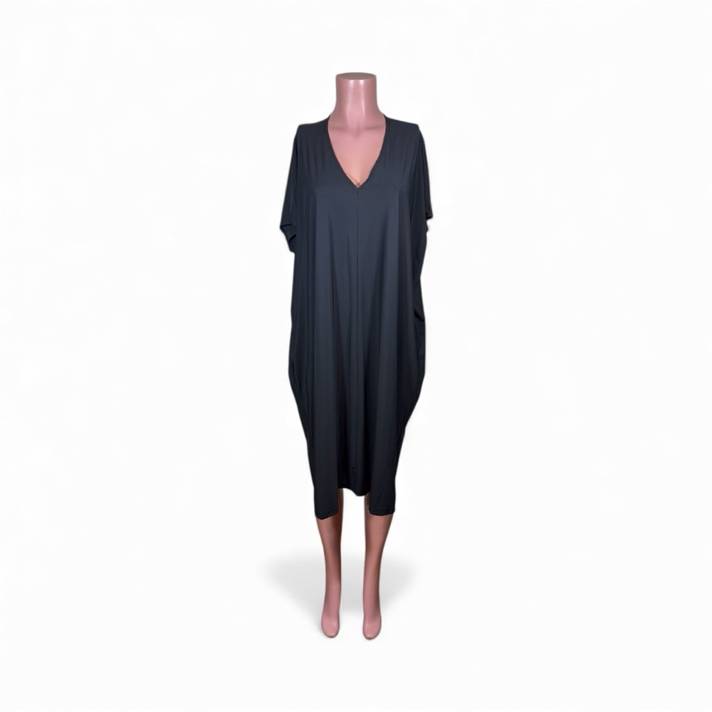 Bryn Walker Black Oversized Jersey Knit‎ Kaftan Dress Sz MD V Neck Knee Length